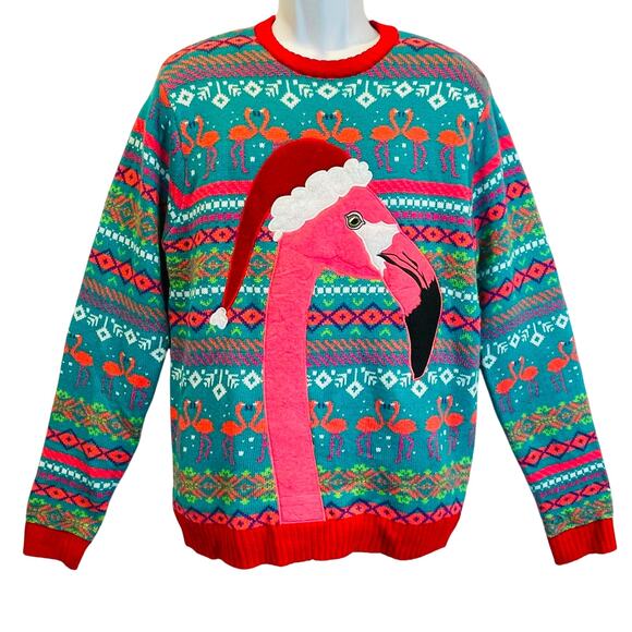 Blizzard Bay Festive Fashionable Flamingo Ugly Christmas Sweater Size Large - Picture 1 of 5